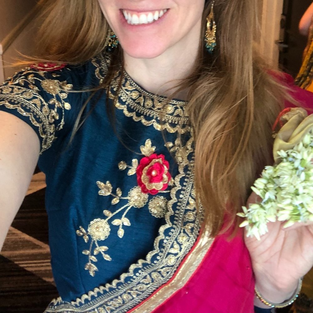 Wedding Guest Saree in Blue Pink Gold Floral - Picture 5 of 11